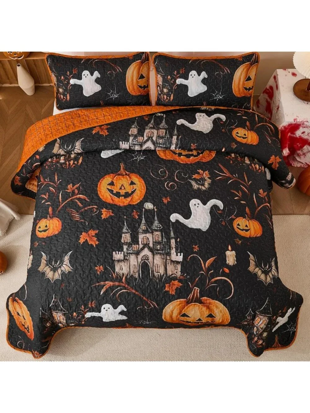 King Size Halloween Quilt Set - 3 Piece Fall Black Bedspread for Cozy Decor